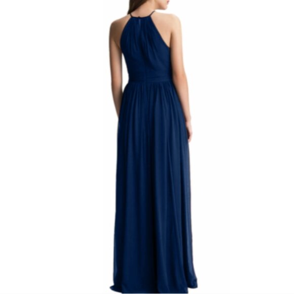 Bill Levkoff High-Neck Keyhole Chiffon Floor Length Bridesmaid Dress in Navy - Picture 2 of 13